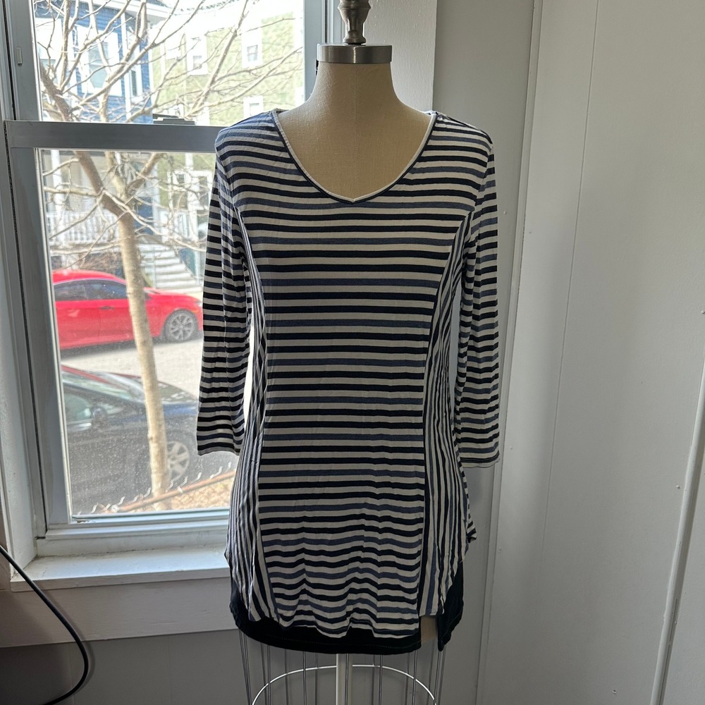 Sundry Womens‎ Striped V-Neck Tunic Top 3/4 Sleeve Blue White Size S